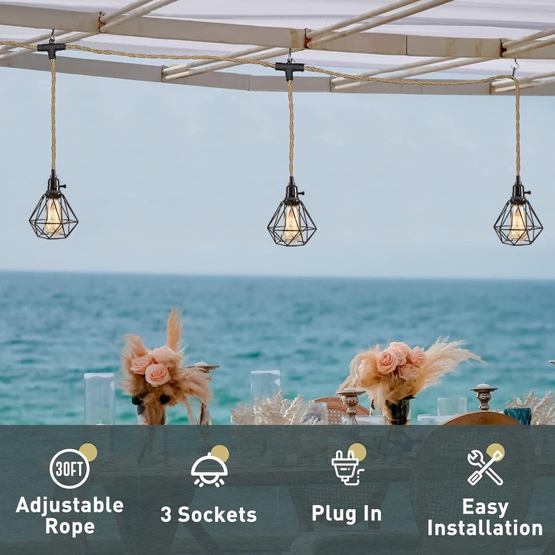KENMI 3-Light Hanging Light with Plug in Cord,Plug in Pendant Light 22ft Hemp Rope Pendant Lighting Vintage 3-Light Hanging Lamp Fixtures for Kitchen Island Living Room Bedroom - Image 2
